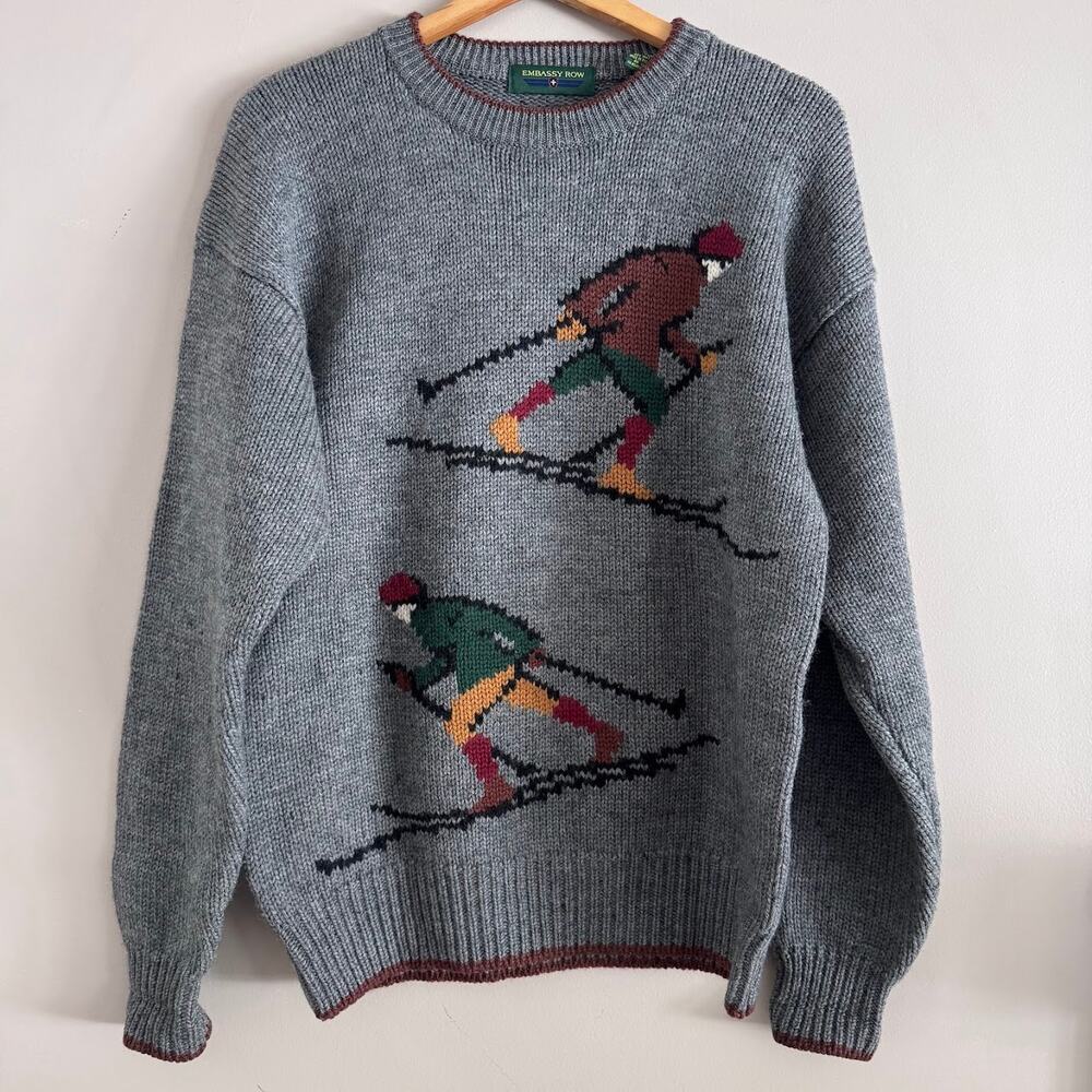 Embassy Row Vintage Graphic Ski Wool Sweater Size Large Gray RL inspired - Picture 7 of 7